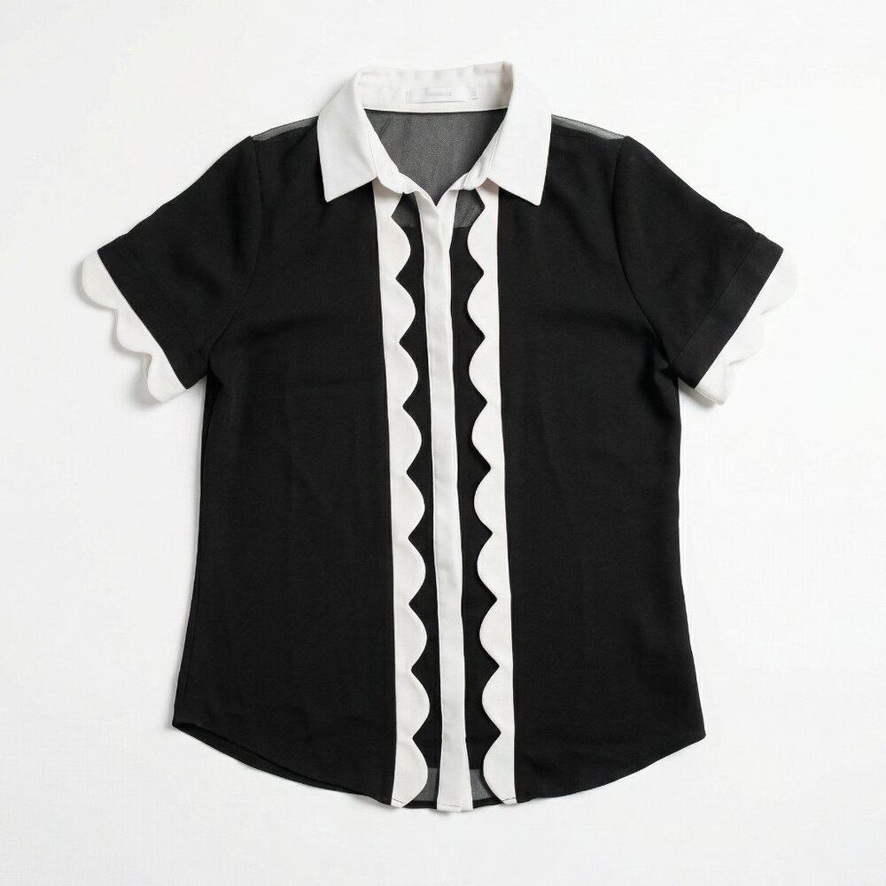 Anne Fontaine Black White Scalloped Mesh Sheer Center Blouse 38 US 6 - Picture 2 of 7